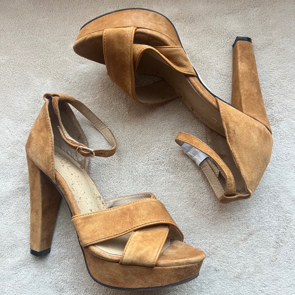 Raye Whiskey Tan Suede Platform Ankle‎ Strap Block Heel Sandals Women 8.5 EU 39